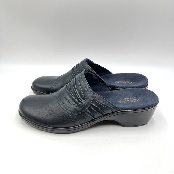 Clarks Womens Size 8.5M Dark Blue Leather Slip On Mules Clogs Shoes - Picture 6 of 15